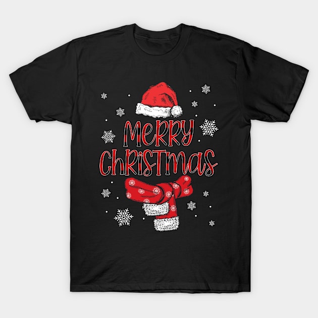 Merry Christmas Xmas Holiday Santa Hat Scarf Buffalo Plaid T-Shirt by Michelin